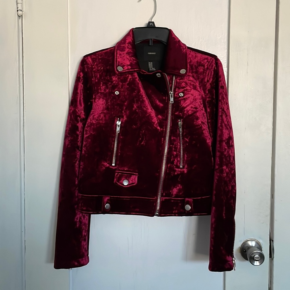 Women Moto Jacket Velvet Burgundy Jacket Size Medium